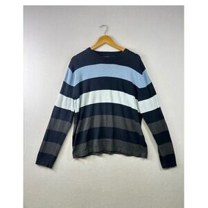 STRUCTURE Mens Striped Long Sleeve Cotton Sweater XL Blue White‎ Gray